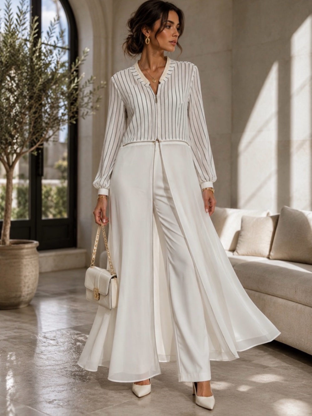 Patrizia Luca Milano Zip-Front Sheer Overlay Maxi Dress. Ivory and Stripped.